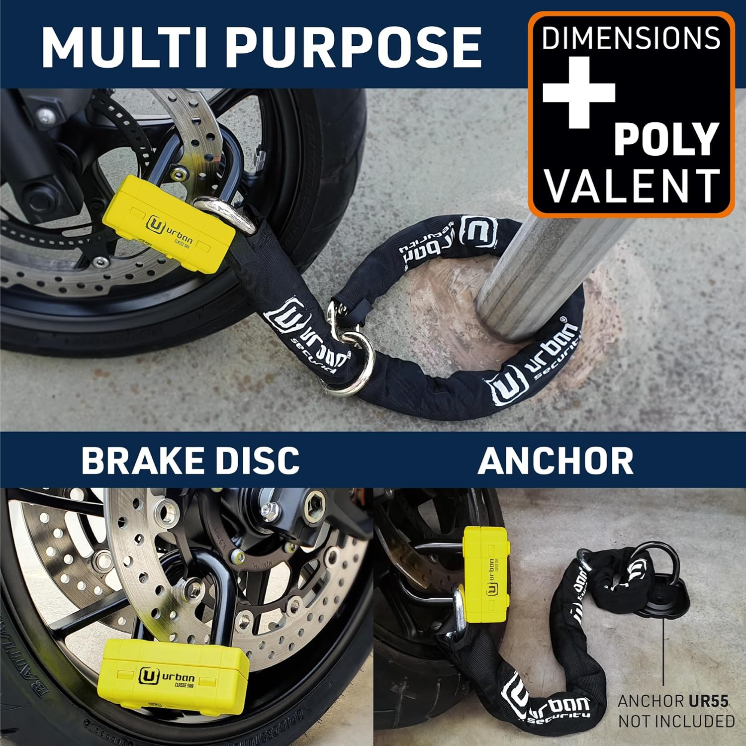 URBAN UR75150 Motorrad-Diebstahlsicherung – Kette ø15 Mm + Mini-Bügelschloss, SRA Homologiert, 150 Cm