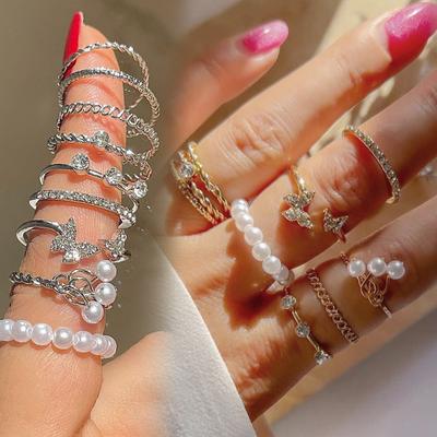 1Set Korean Style Butterfly Pearl Rings Set For Women Shine Pearl Gothic Vintage  Simple  Finger Jewelry Gift