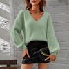 Womens V-Neck Knit Sweater Long Sleeve Loose Fit Solid Color Casual Pullover Office Daily Wear