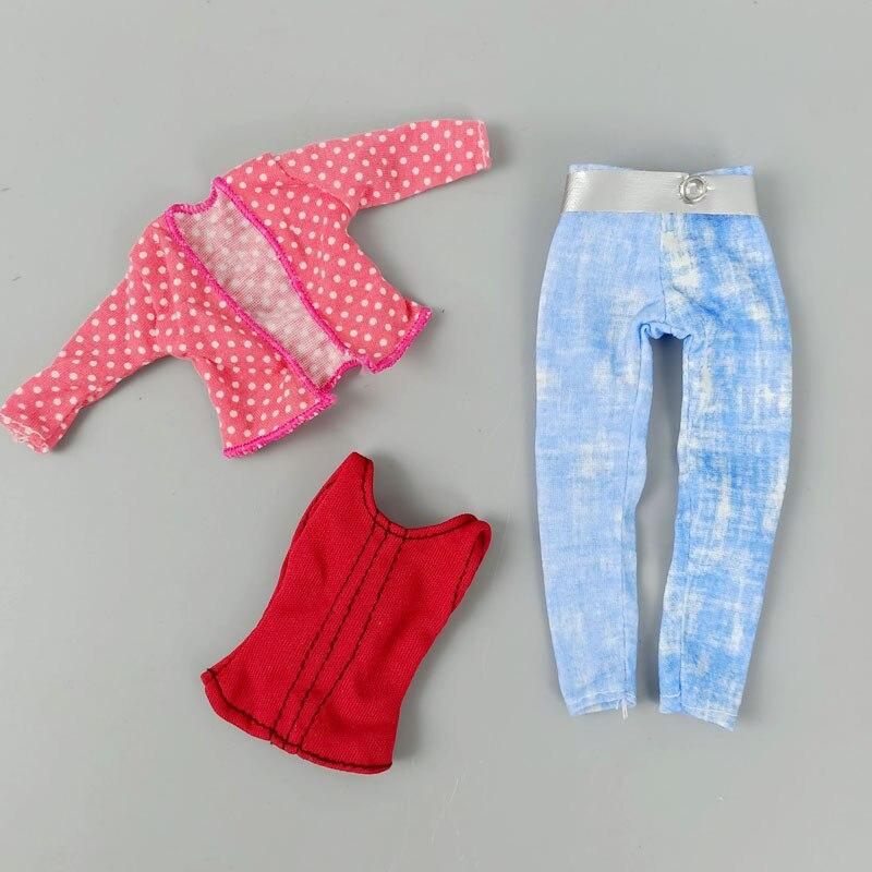 

1 комплект, розовое пальто в горошек, красный жилет, джинсовые брюки, одежда ручной работы для куклы Барби, наряды для куклы BJD 1:6, кукольный домик 1/6, аксессуары розовый