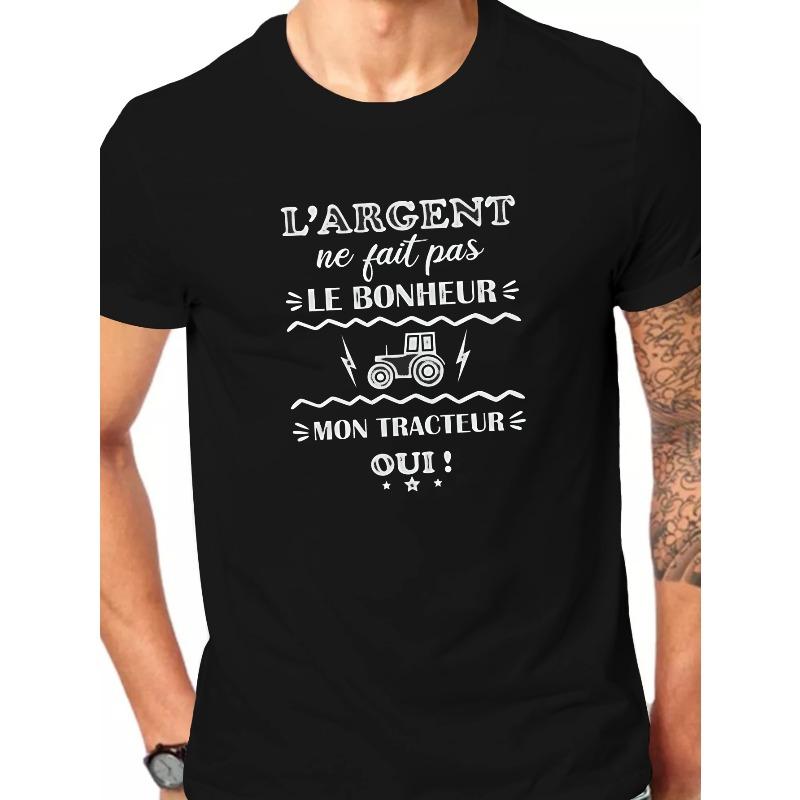 

European Size Bliss Men s Casual Short Sleeve T-Shirt - French Text & Tractor Graphic Print, Geometric Pattern, Round Neck, Machine Washable 4XL