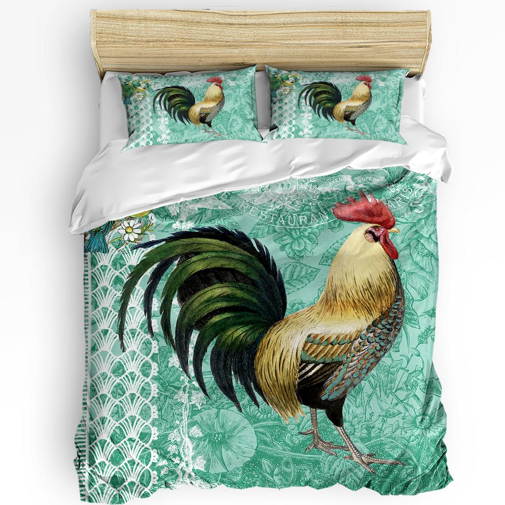 Husă de pilotă cu ilustrație retro de cocoș de fermă și față de pernă, set de lenjerie de pat personalizat cu 3 bucăți, husă de pilotă, pat dublu, textile pentru casă