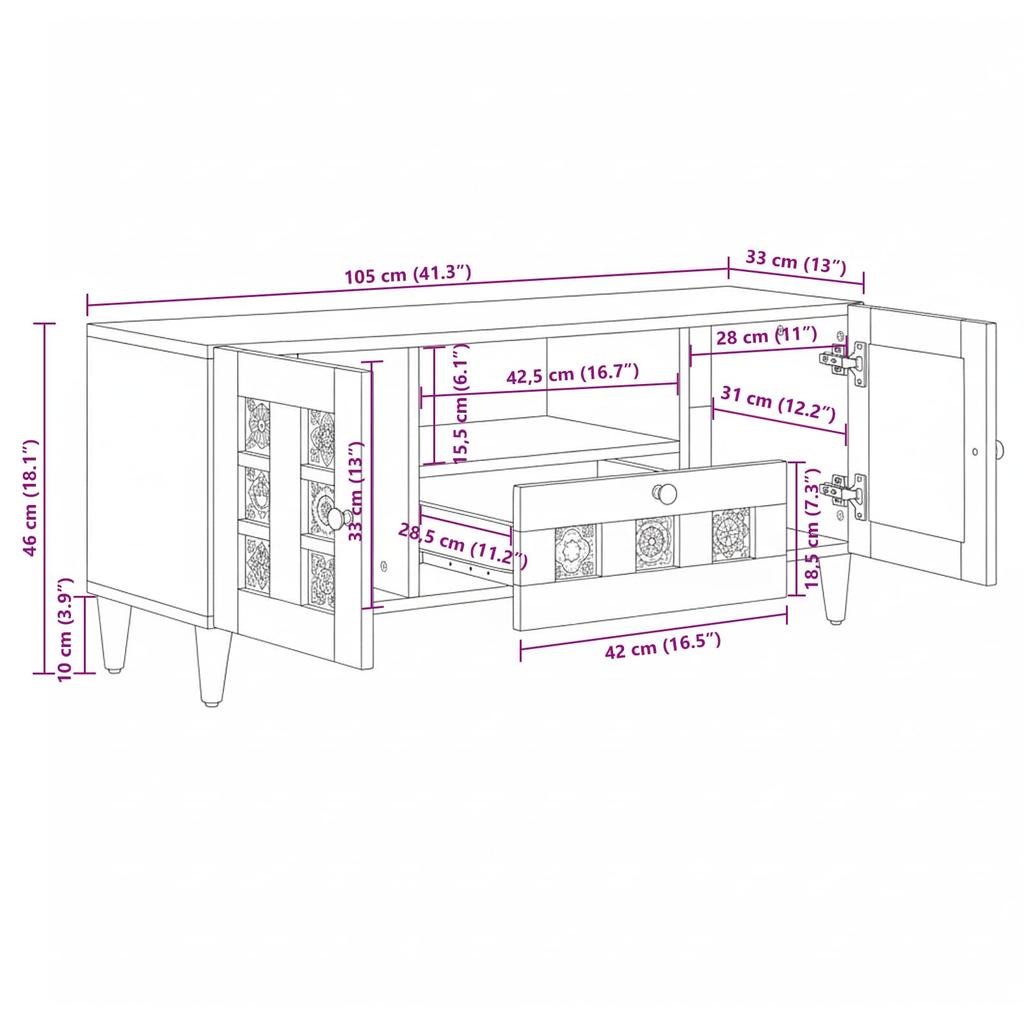 TV Cabinet with Door Natural 105 X 33.5 X 46 Cm Solid Mango Wood