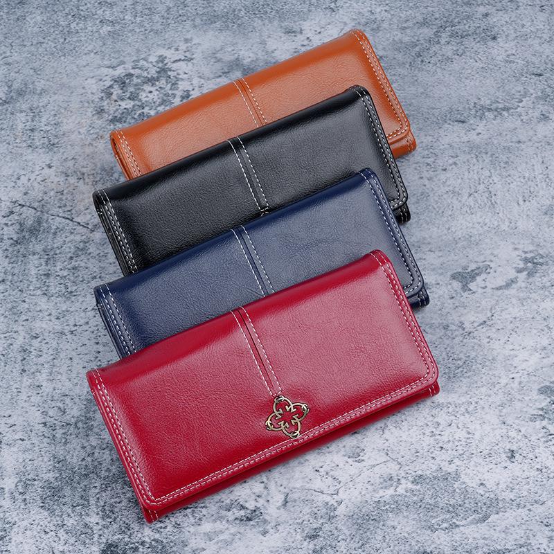 Women's Retro Long Leather Wallet - Oil Wax Zipper Clutch with Large Capacity