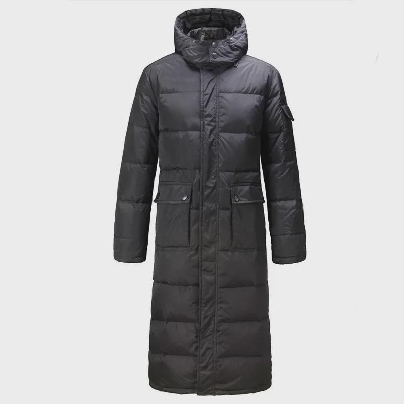 Men's Winter Long Loose-Fit Down Coat with Detachable Hood and Double Zipper