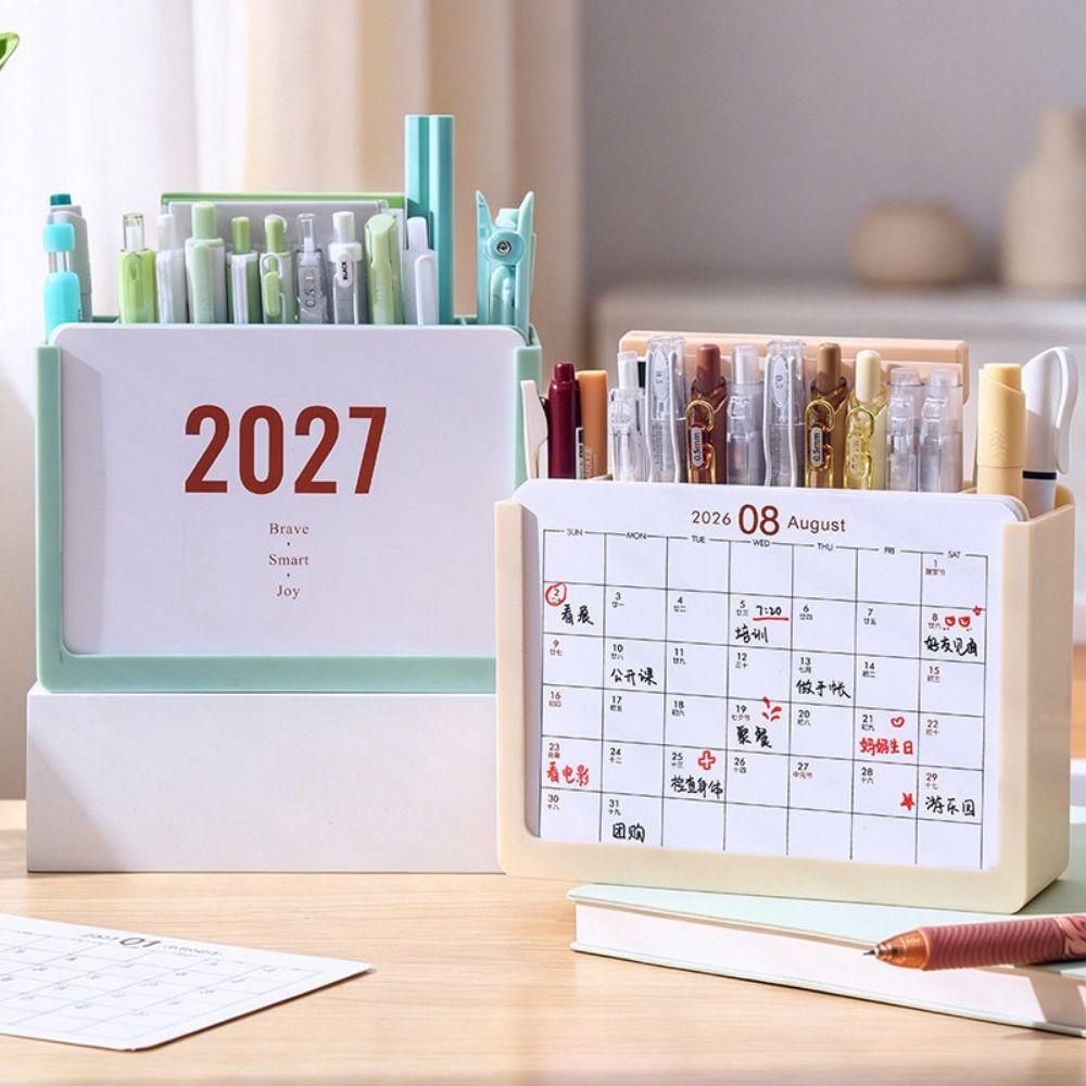 Space-Saving 2027 Desk Calendar Pen holder Plastic 3 Grids Desktop Stationery Organizer October 2026 - December 2027 Durable