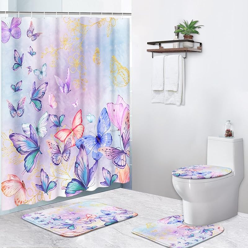 4 Pcs Shower Curtain Sets, Cute Unicorn Mermaid Cub Kids Rainbow Waterproof Bathroom Sets with Non-Slip Rugs, Toilet Lid Cover and Bath Mat,