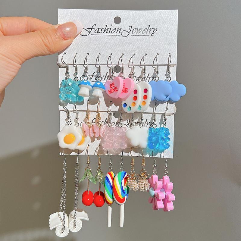 New Cute Cartoon Animal Fruit Earrings Set for Women Girl Simulated Resin Acrylic Food Drink Icecream DIY Dangle Earring Jewelry