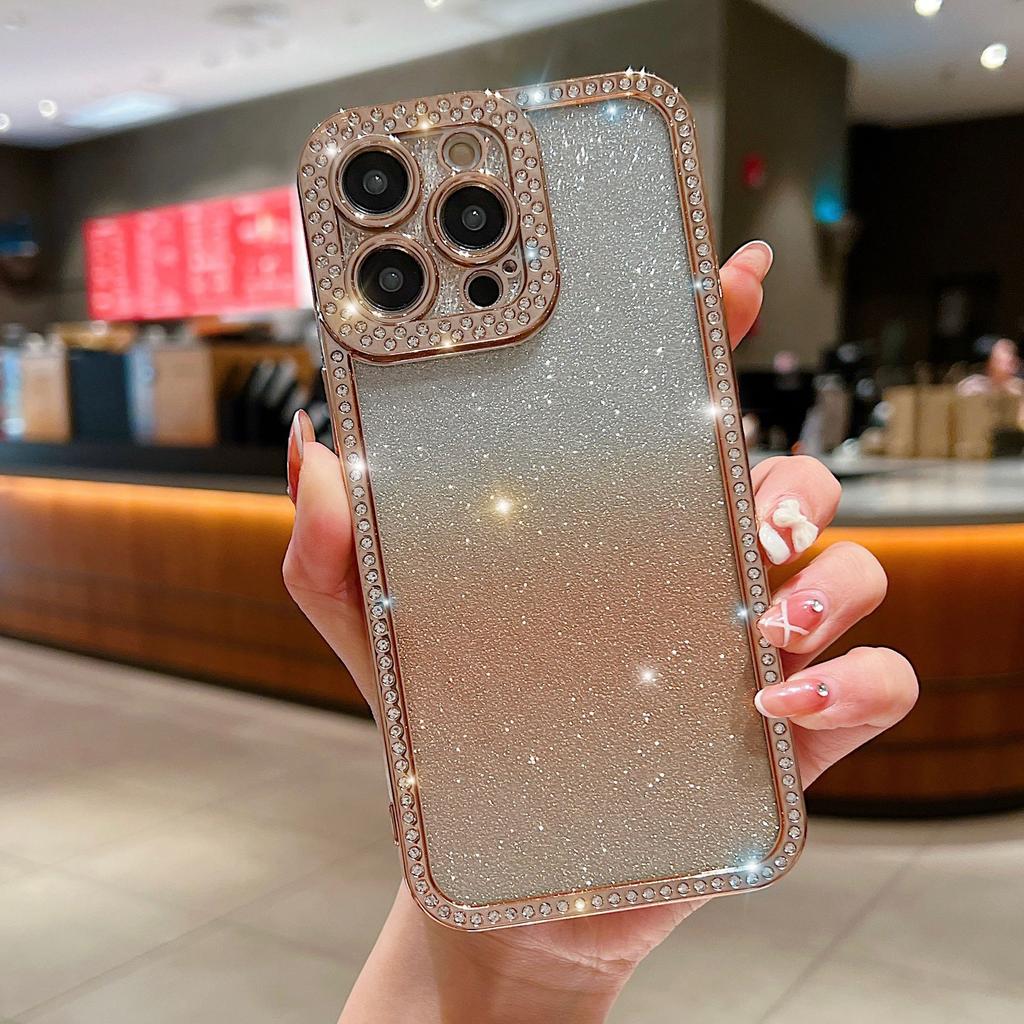 For iPhone 16 Pro Case Glitter Phone Case Rhinestone Decor Electroplating Protective Cover