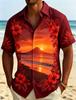 Men's Tropical Flower Framed Landscape Print Hawaiian Shirt, Breathable Casual Top For Summer Vacation And Daily Wear