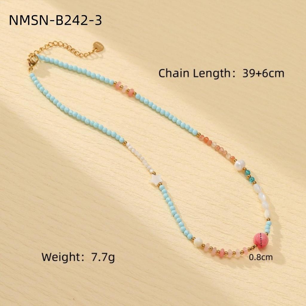 GEMCHIC Women's Blue Natural Stone Beaded Titanium Steel Necklace Fashion Light Luxury Versatile Freshwater Pearl Pendant