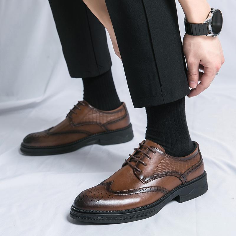 Brown Leather Shoes Autumn Brock Business Derby Shoes Height Up Casual British Soft-soled Wedding Groom Shoes