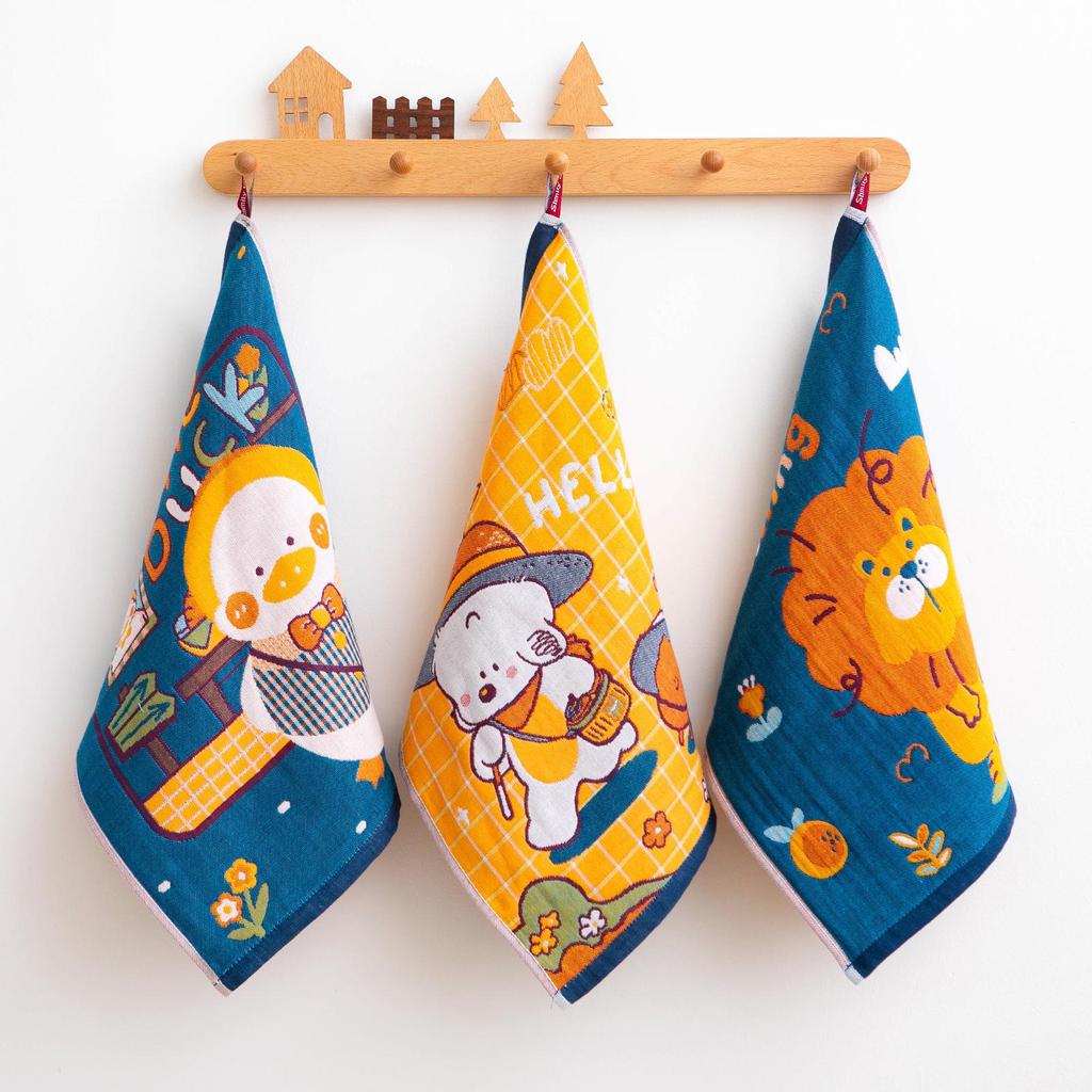 Enlarged Soft 3-Piece Cartoon Cotton Gauze Towel Set, 4-Layer, with Hanging Rope, for Baby and Child Face Washing