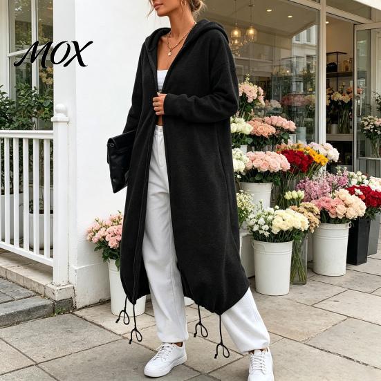 Women Outdoor Coats Long Hooded Jacket for Fall Winter, Loose Oversized Casual Autumn Zip-Up Outerwear Coat, Solid Color Tunic Hoodie Top with Pockets