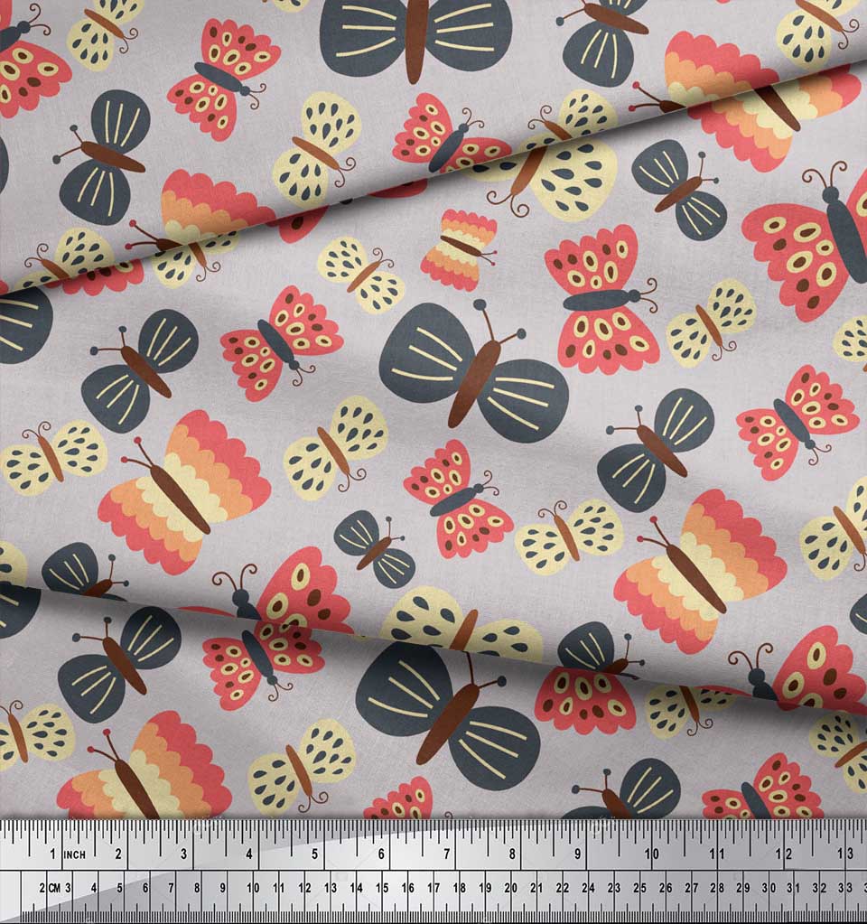 Soimoi Gray Japan Crepe Satin Fabric Butterfly Butterfly Print Fabric by Metre 42 Inch