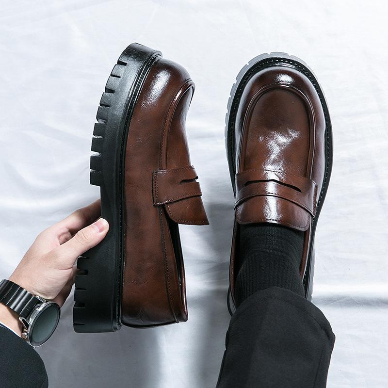High-end leather shoes men's youth loafers business one-pedal hair stylist casual inner height increase platform nightclub men's shoes