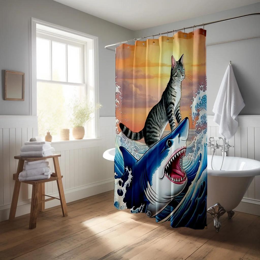 Cat and Shark Shower Curtain  Epic Ocean Wave Design Unique Waterproof Bathroom Decor Funny Animal Theme Blue Orange