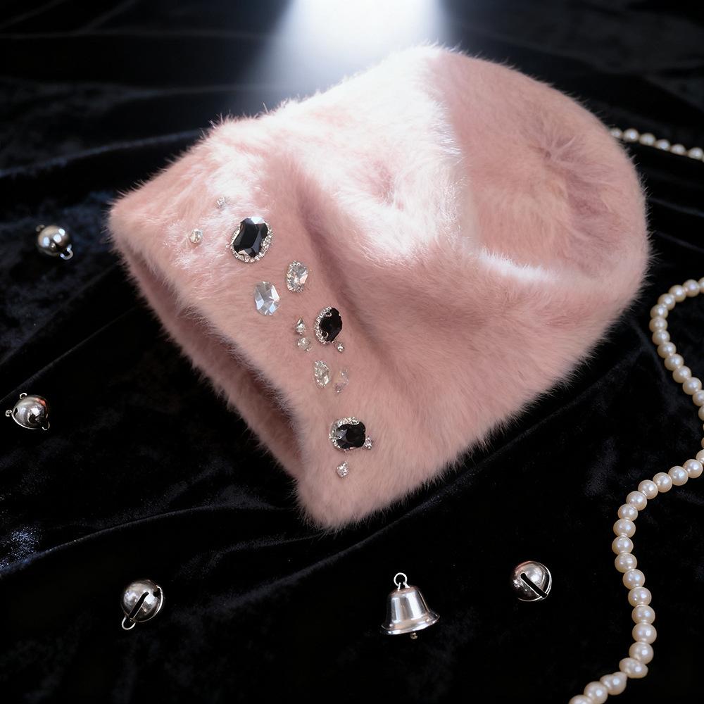 New% rabbit fur knitted pullover hat children's autumn and winter warm and cold-proof handmade rhinestone bag head knitted hat customization