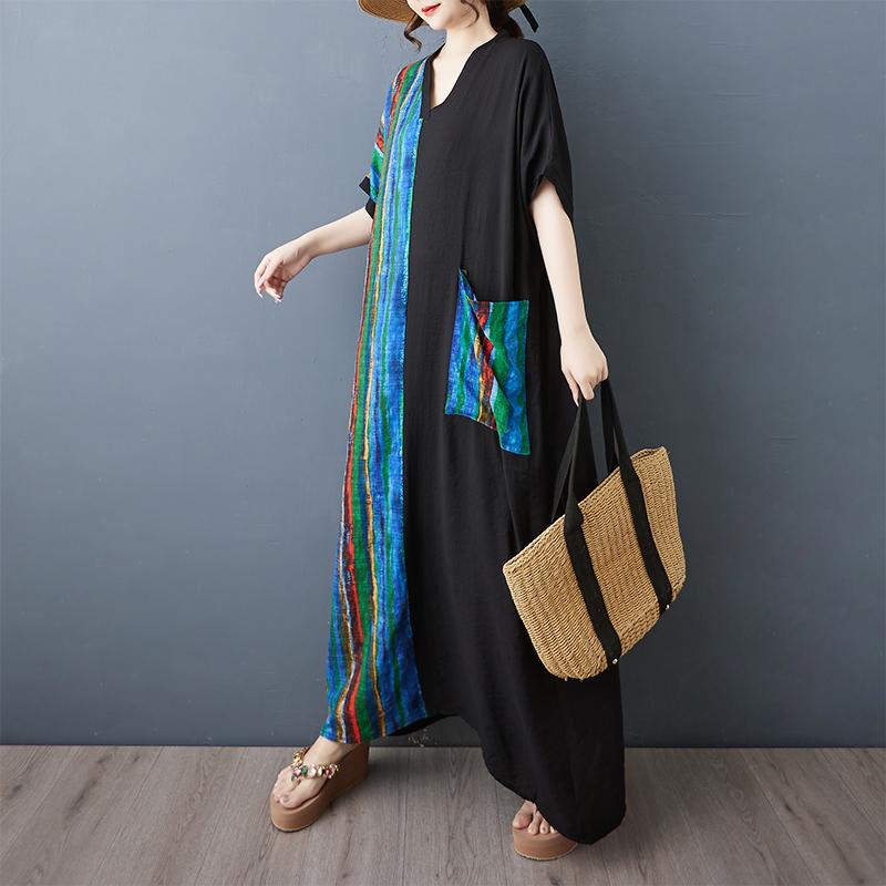 DIMANAF Women Summer New 2025 Plus Size Dress Casual V-Neck Loose Stripe Long Dress Vintage Dress Maxi