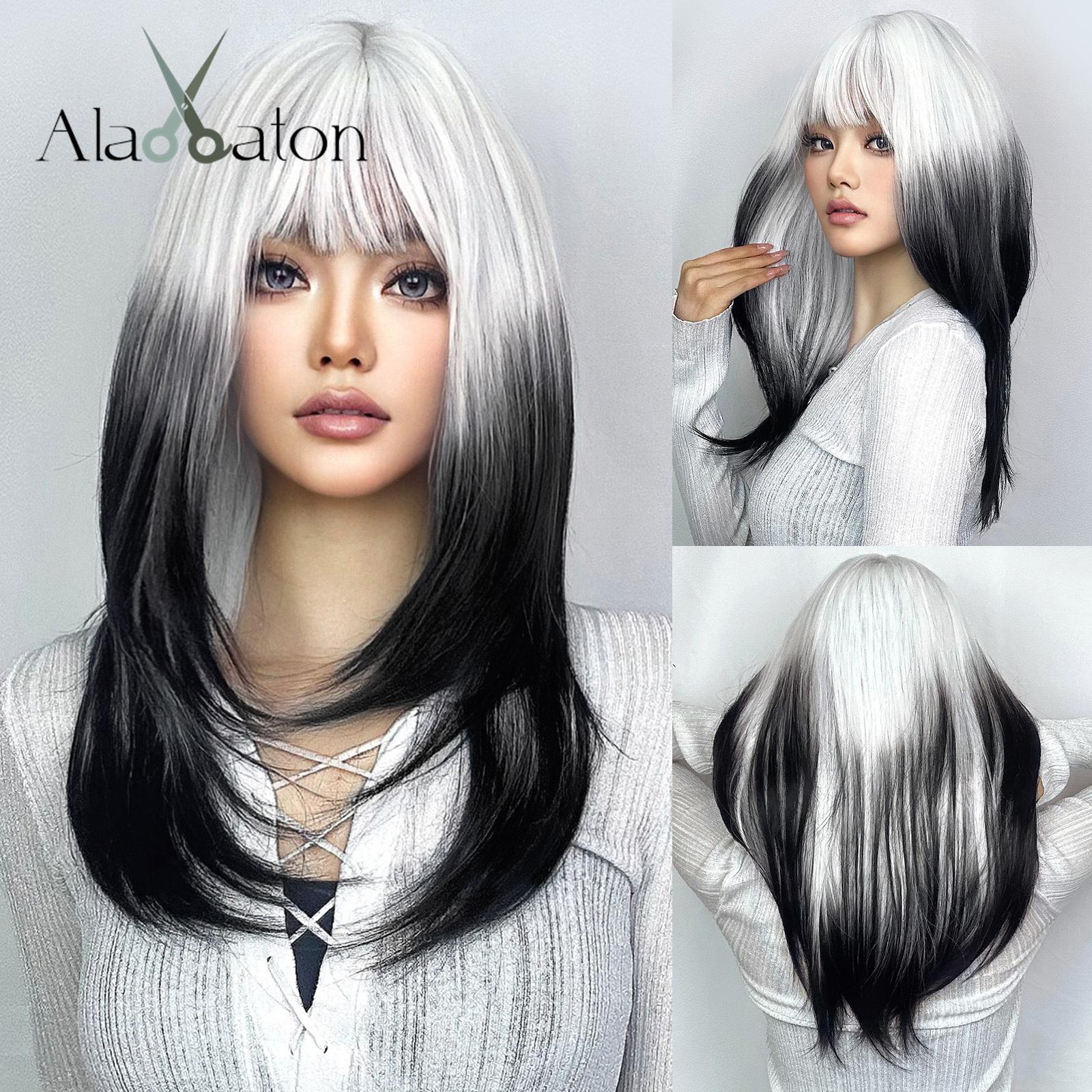 

HAIRCUBE Чорні синтетичні перуки Ombre з червоним чубчиком Довга пряма багатошарова перука для жінок Косплей Хелловін Термостійка перука