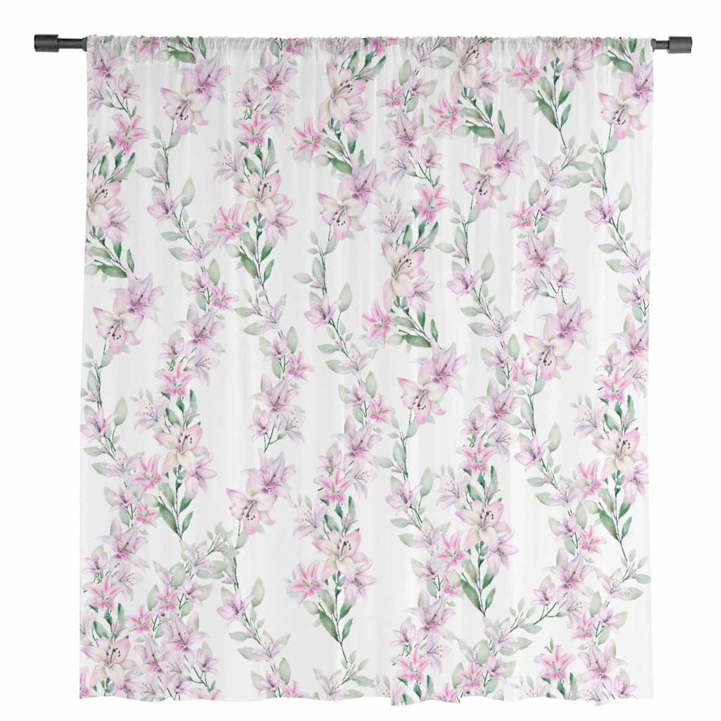 Watercolor Flower Lily Sheer Curtains for Living Room Decoration Window Curtains for Kitchen Tulle Voile Organza Curtains