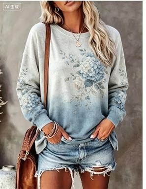 Women Long Sleeve T‑Shirt Vintage Tie‑Dye Rose Bouquet Floral Print Crew Neck Loose Casual Daily Tops