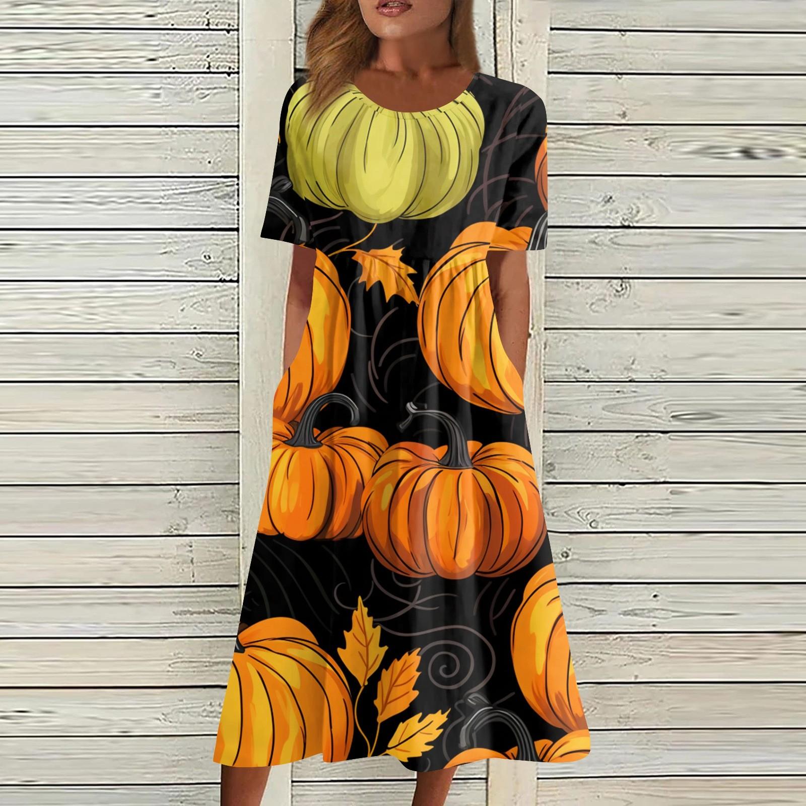 

Women s Casual Printed Dresses Halloween Printed Pleated Round Neck Basic Classic Outdoor Daily Short Sleeve Loose Dresses XXXL оранжевый