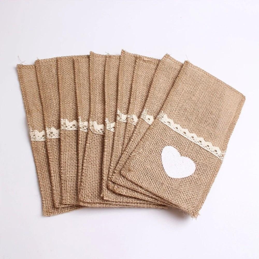 Practical Rustic Style Linen Lace Cutlery Bag Lace Decorative Utensil Cutlery Holders Burlap Fork Bag Wedding Decor