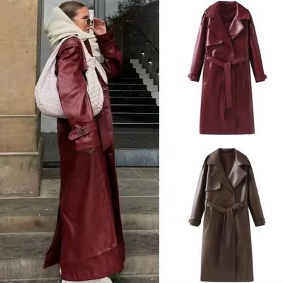 Women New Fashion with Belt Long Style Single Breasted Faux Leather Coat Vintage Long Sleeve Pockets Female Outerwear