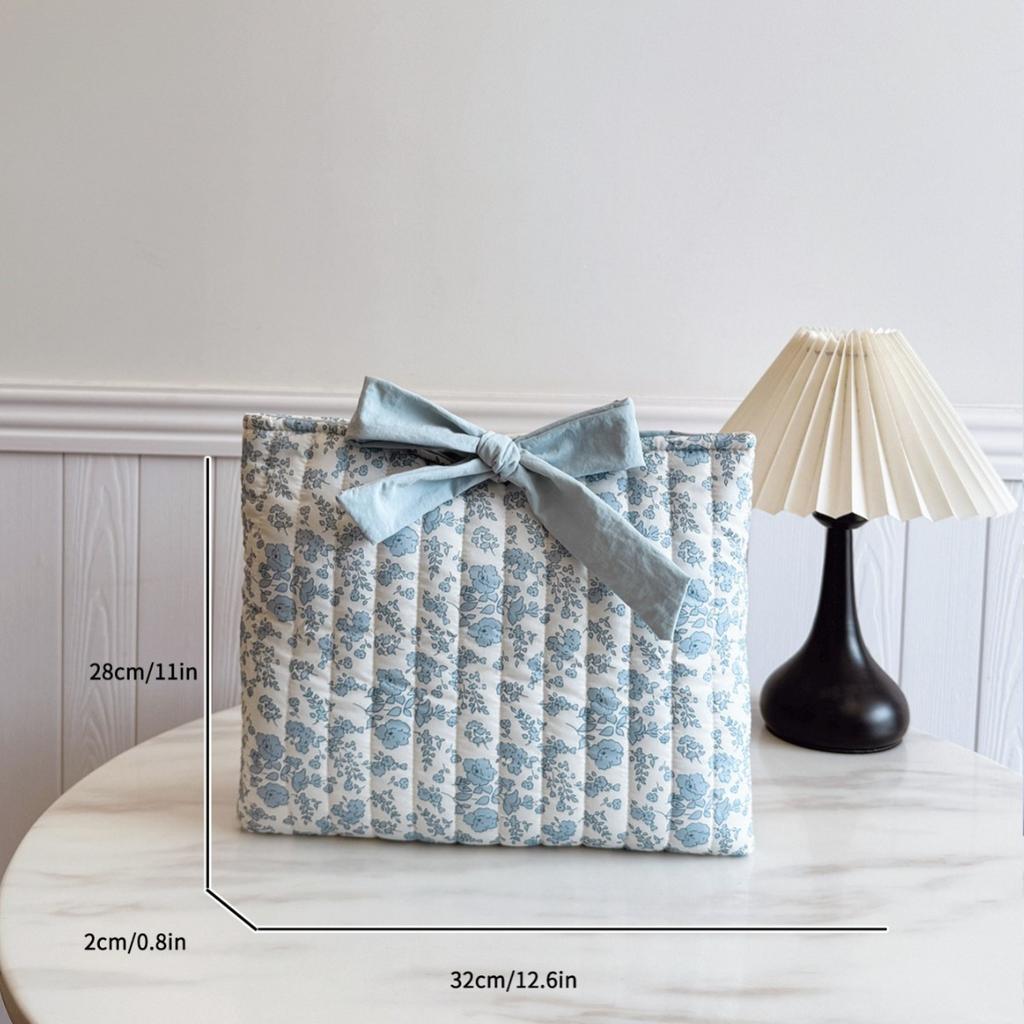 1PC Floral Quilted Makeup Bag with Bow Large Capacity Multifunctional Practical Lightweight College Style Unsealed Lined Purse