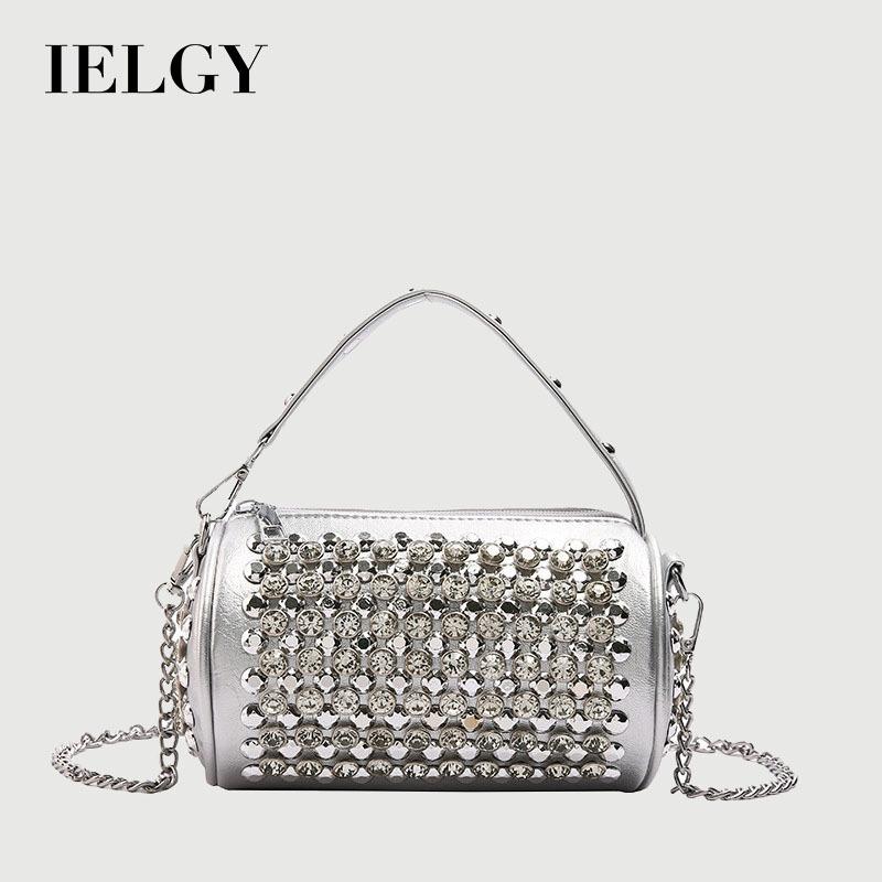 IELGY Cylindrical Female Bag with Diamond Crossbody Chain Pillow Bag