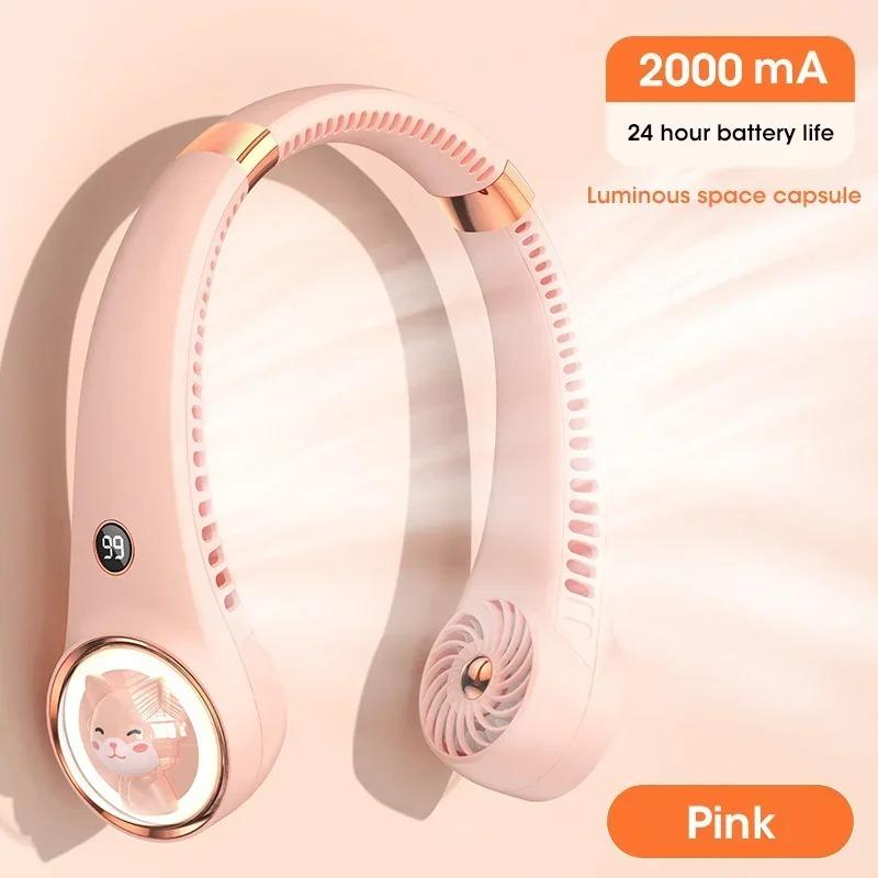

USB Rechargeable Bladeless Neck Fan with Digital Display 2000mAh Mini Cute Cat Design for Travel Outdoor Office рожевий