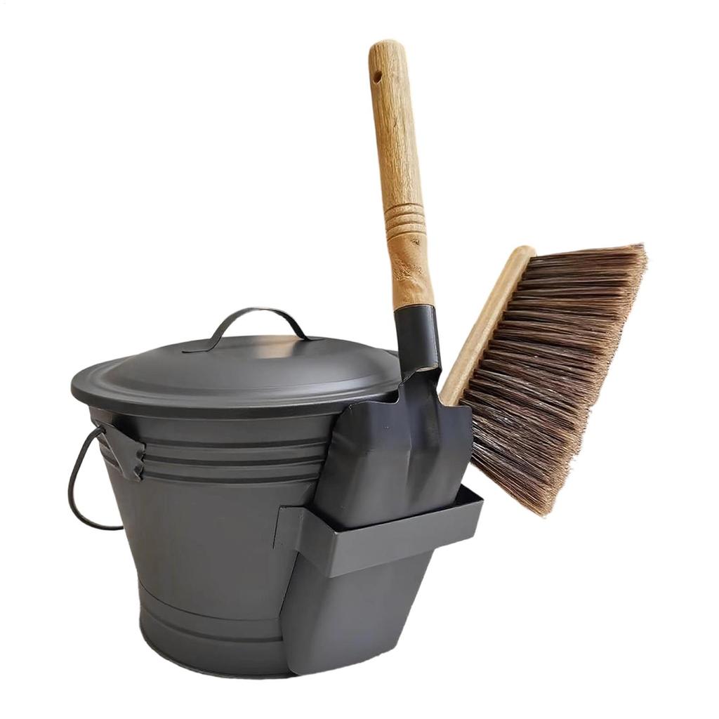 Wall-Mounted Furnace Ash Bucket Set Metal Container Ash Pail With Lid Shovel Broom For Fireplace Outdoor Indoor Patio Garden