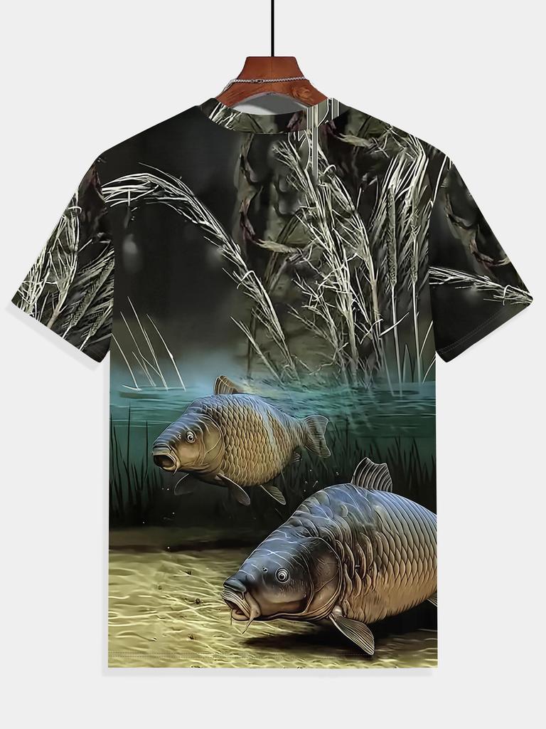 Men's 3D Carp Fishing T-Shirt - Breathable Summer Short Sleeve Round Neck Tee with Koi Fish Print, Casual Outdoor Wear Suitable for Fishing Trips,