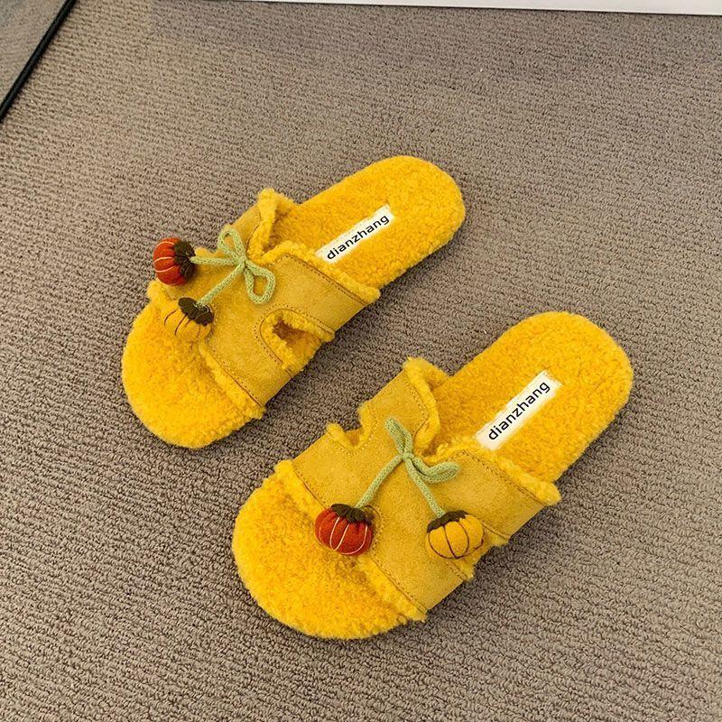 2025 autumn and winter open-toed double one-word with metal buckle Mao Mao shoes flat-soled fashionable versatile soft-soled women's casual slippers