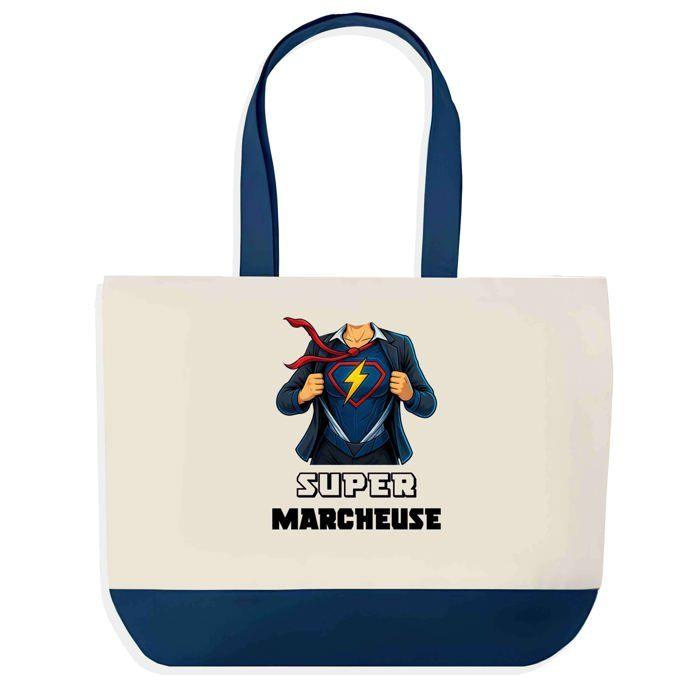 Tote bag - PLANETEE - Super Marcheuse - fond bleu - coton 40 x 45 cm - grand format