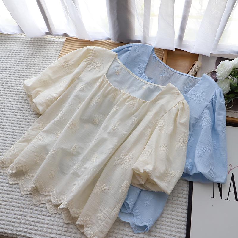 2025 Sommer Koreanischer Eckiger Ausschnitt Bestickt Kurzarm Damen Oberteil - Frischer Stil