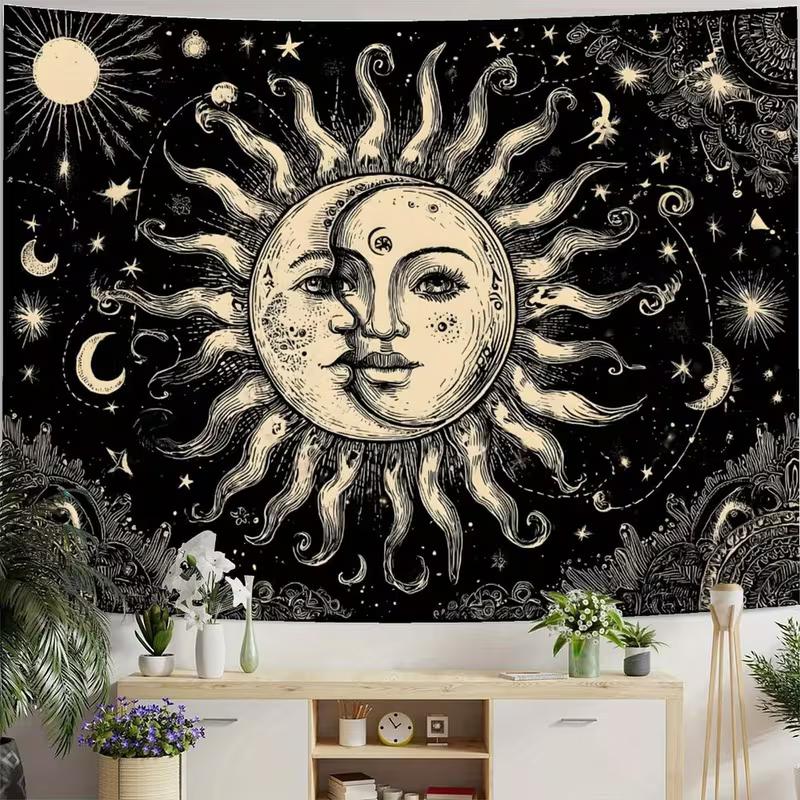 2D Sun and Moon Tapestry Black and White Celestial Wall Hanging Decor
