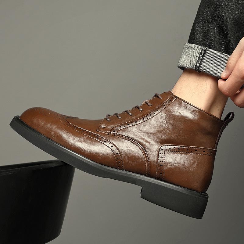 Martin Boots Men's British Style Retro Short Boots Business Dress Brock High-top Leather Shoes Winter Heightening Tooling Leather Boots