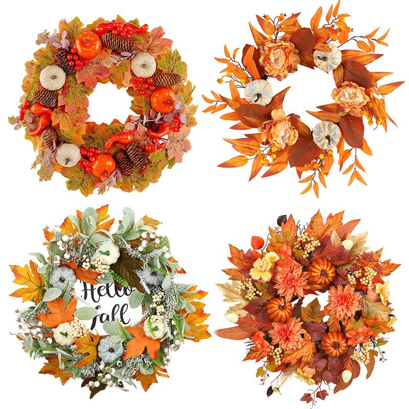 Handmade Maple Leaves Pumpkins Wreath Diy Decoration For Thanksgiving Halloween Front Door Wall Hanging Autumn Harvest Wreath