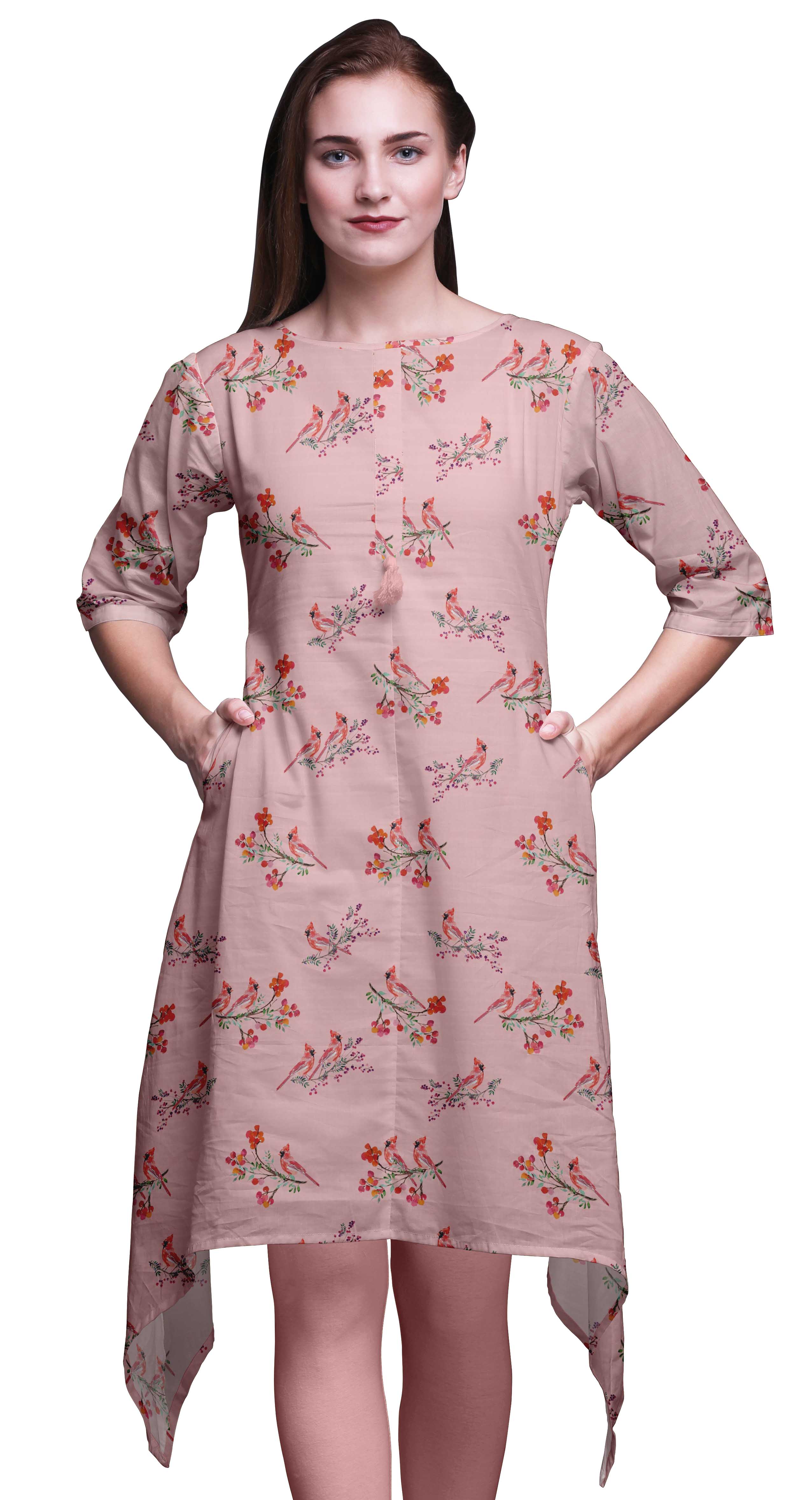 

Bimba Blue Leaves & Damask Floral Asymmetric Kurta Indian Tunic Tops For Women Printed Indian Clothing XXX-Large рожевий