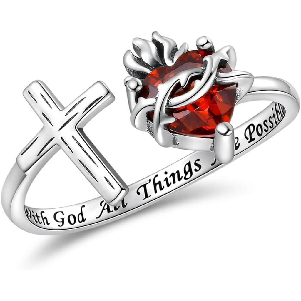 Krásně zpracovaný otevřený prsten s Nejsvětějším Srdcem Ježíšovým, zdobený kreativním trnitým červeným srdcem z umělého křišťálu, šperk