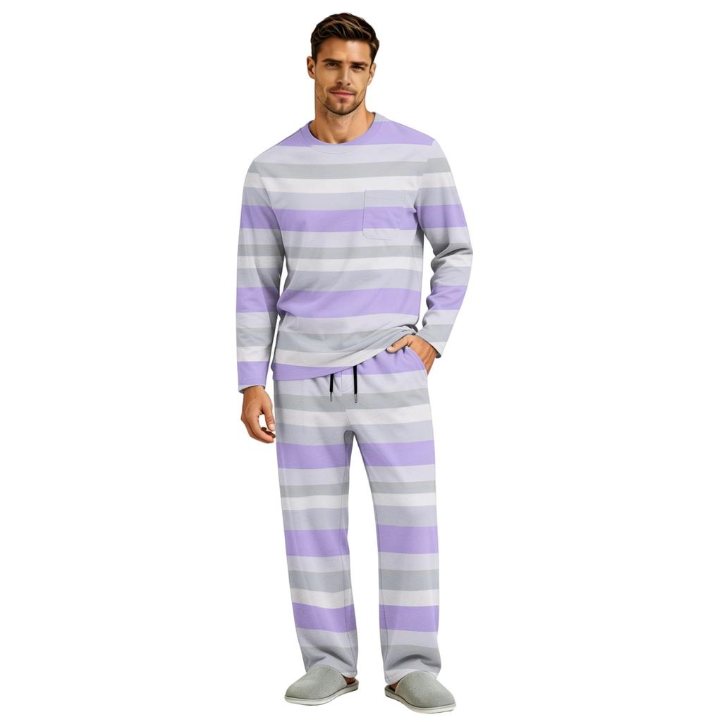 Men's Long Sleeve Pajama Set with Button Crotch and Elastic Drawstring Waist Pants for Home Loungewear