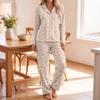 Women's Printed Pajama Set Long Sleeve V-Neck Button-Up Top and Pants with Pockets for Loungewear