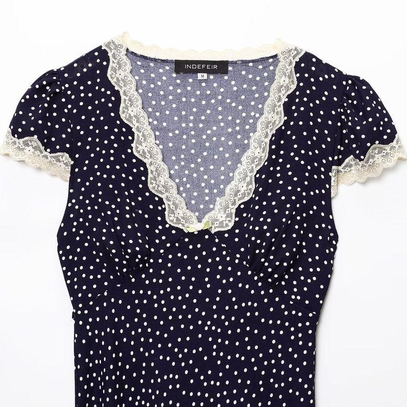 Kaslead New Arrival Women's Clothing Fashion Style Fashion French Style V-neck Lace Patchwork Polka Dot Dress