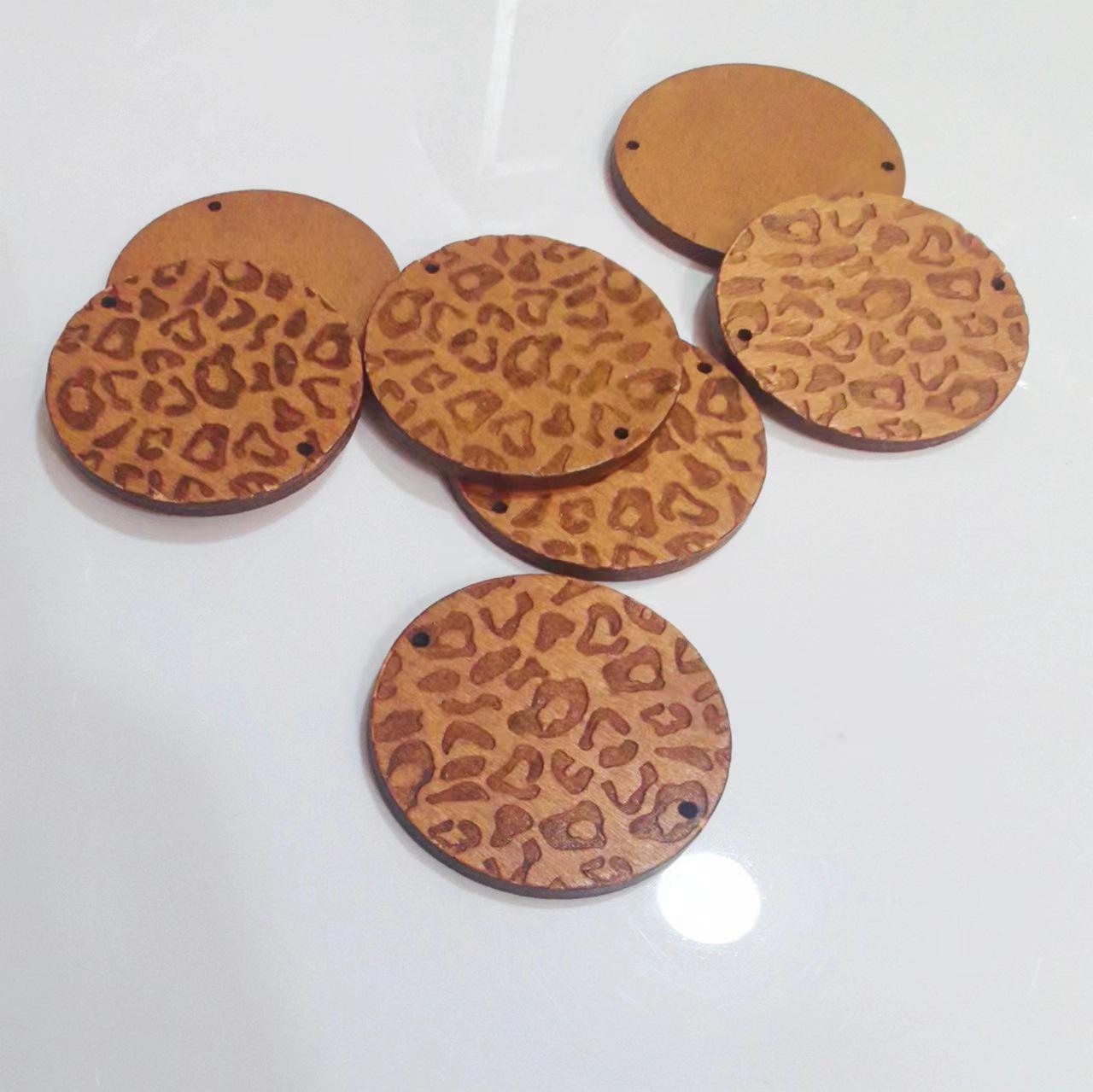 Leopard Print Coffee Color Laser Engraved 5cm Round Wooden Earring Accessory 50mm (50 pieces per pack)
