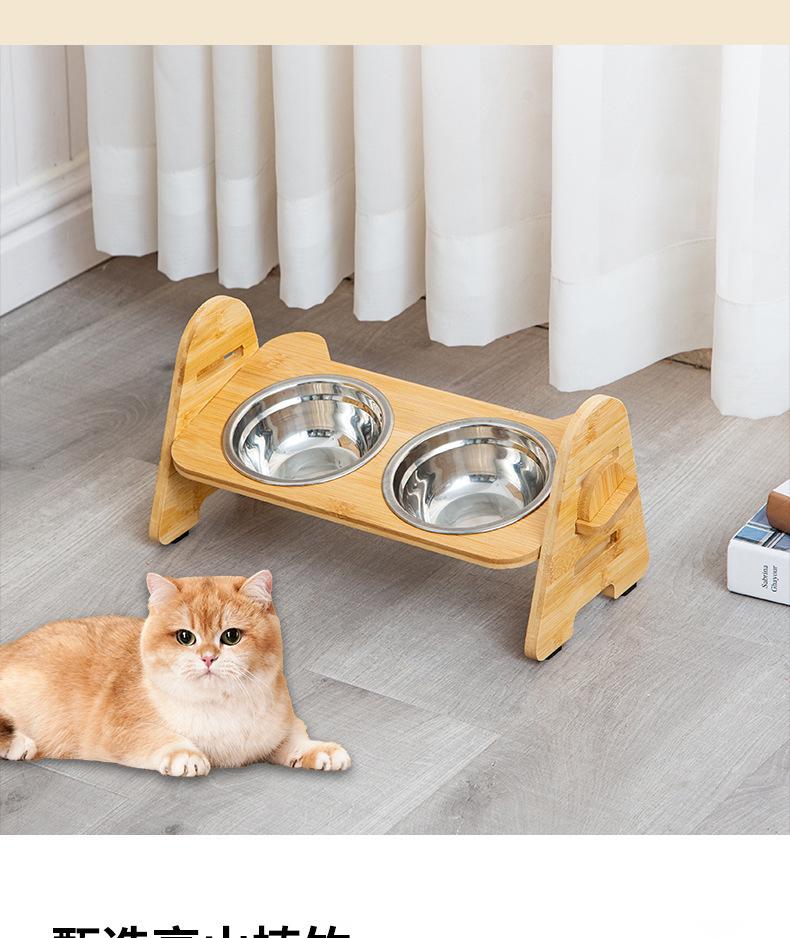 Adjustable Bamboo Cat & Dog Bowl Stand with Double Bowls and Pet Neck Protection