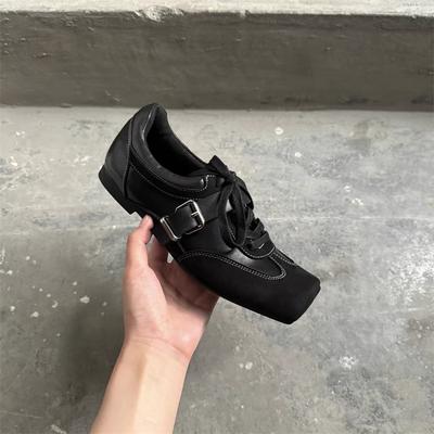 British Small Leather Shoes Inner Height Increase German Training Shoes Women's Retro Square Head Pig Nose French Belt Buckle Single Shoes