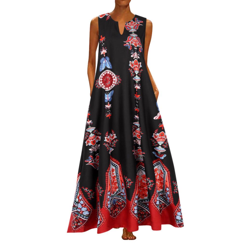 Women Plus Size Print Daily Casual Sleeveless Vintage Bohemian V Neck Maxi Dress