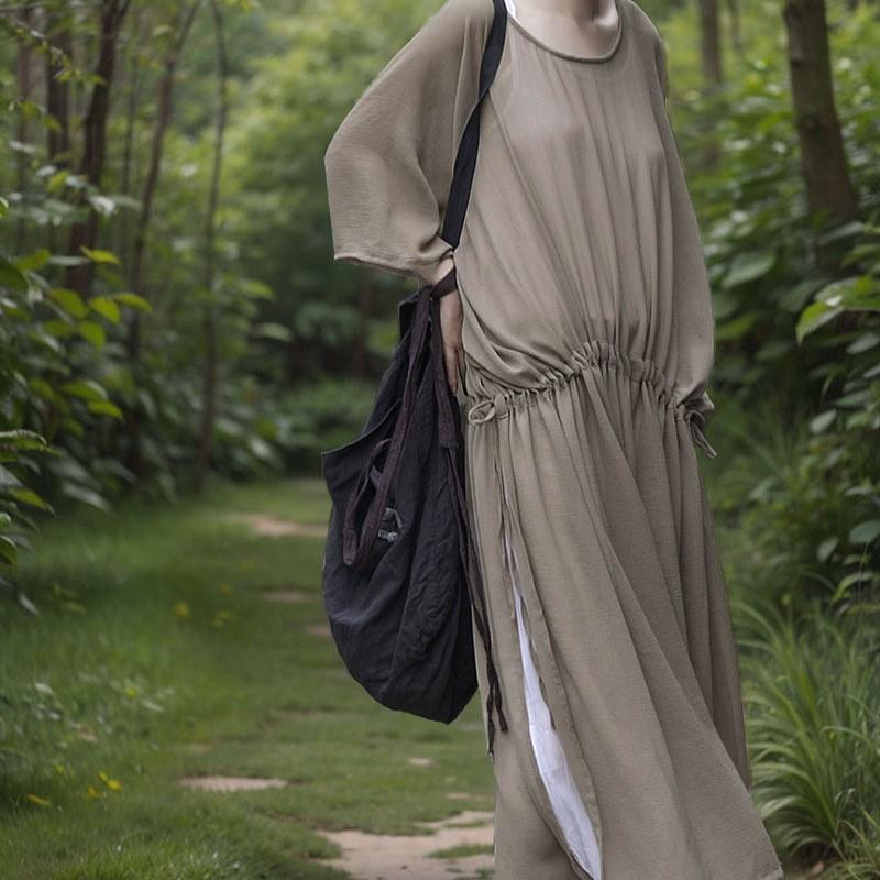 Johnature Women Vintage Soft Dress O-Neck Bat Sleeve Summer Solid Color Bandage Female Dress